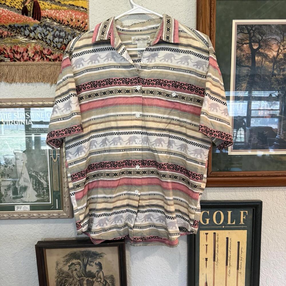 Vintage 90s Cabin Creek Striped Aztec Elephant Nature Shirt Size‎ Large